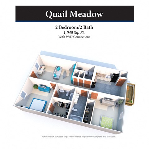 Floor plan for 2 beds, 2 baths, 1040 sqft